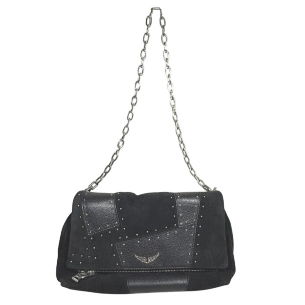 Zadig & Voltaire Rocky Black Patchwork Suede Leather Studded Crossbody Bag